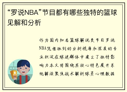 “罗说NBA”节目都有哪些独特的篮球见解和分析